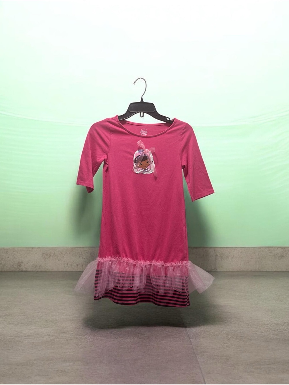 Little Girls' Hot Pink Tulle-Trim Casual Dress with Bow Applique